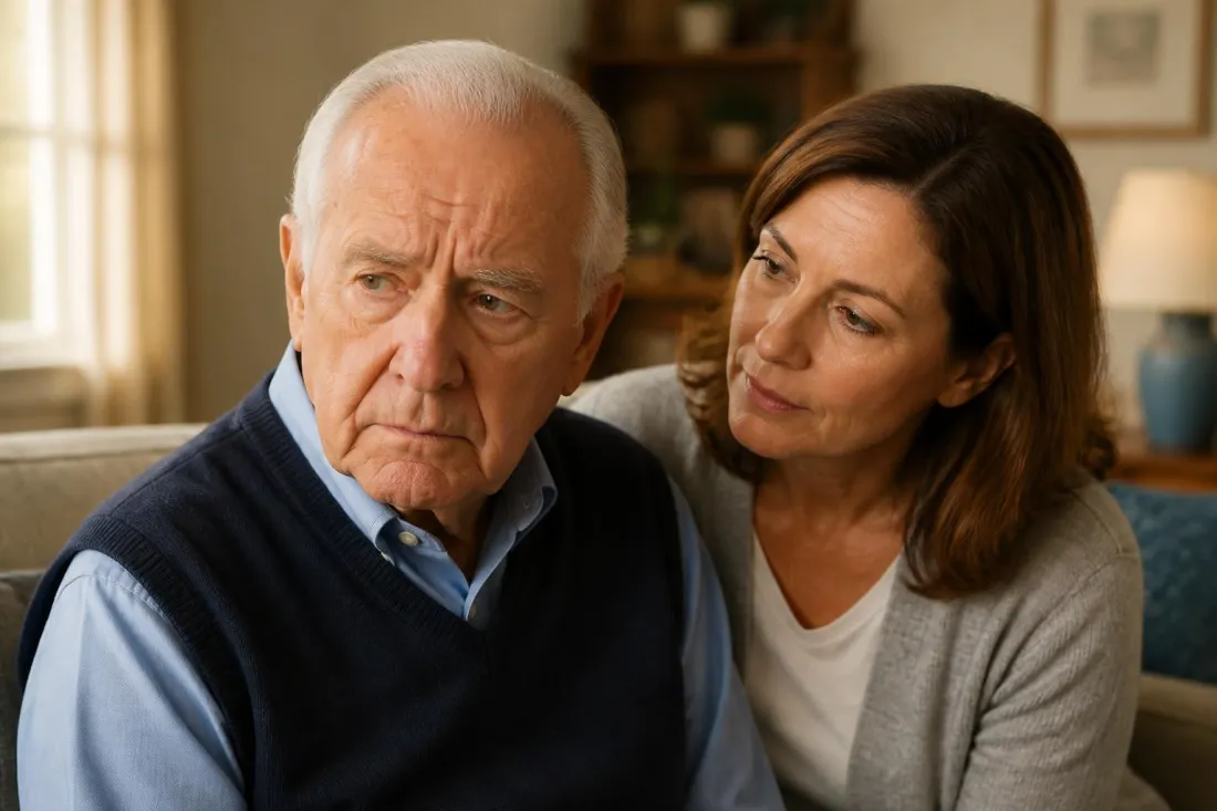 Caregiver gently calming a restless older parent, a common experience for families considering dementia with agitation clinical trials