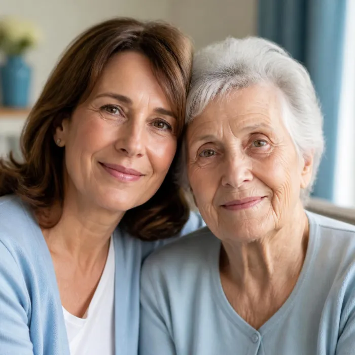 Caregiver and her elderly mother sharing a calm moment together