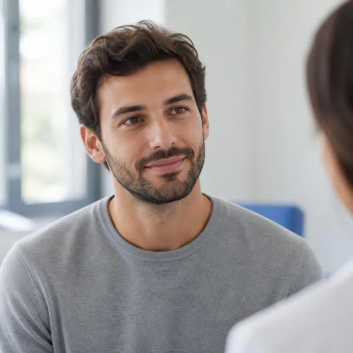 Man talking with a clinician about a schizophrenia clinical study Man talking with a clinician about joining a schizophrenia clinical study