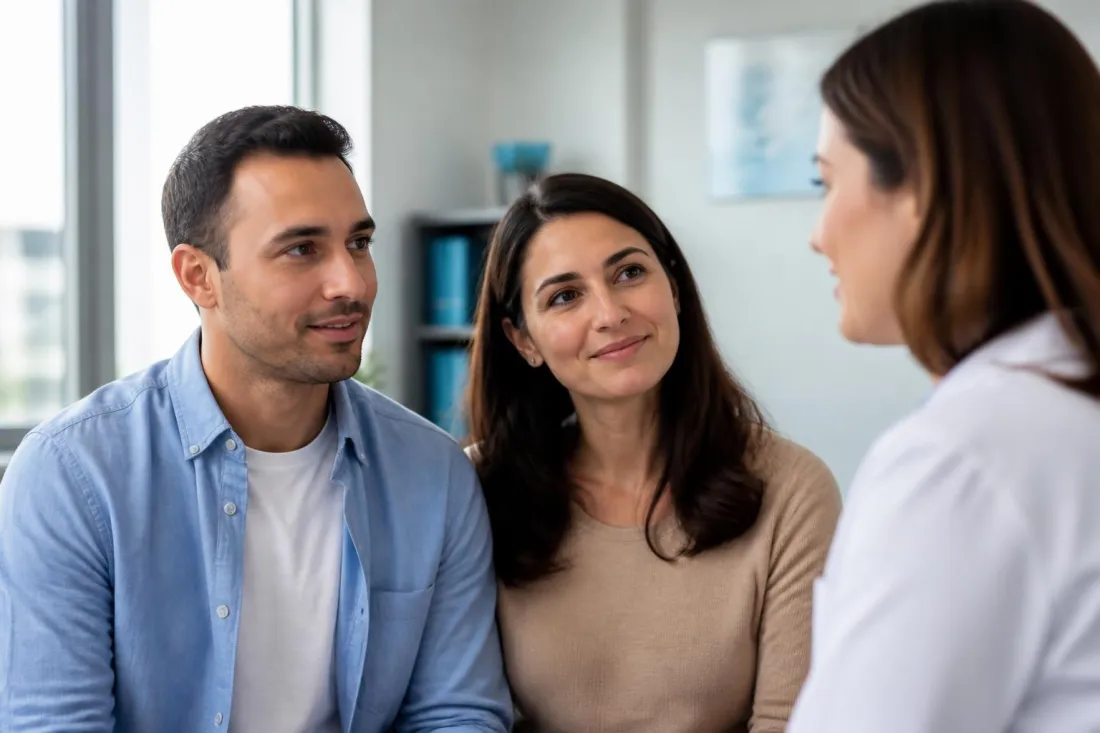 Psychiatrist follow-up visit with patient and family Psychiatrist meeting with a patient and his sister during a follow-up visit for schizophrenia clinical trials at Equity Medical