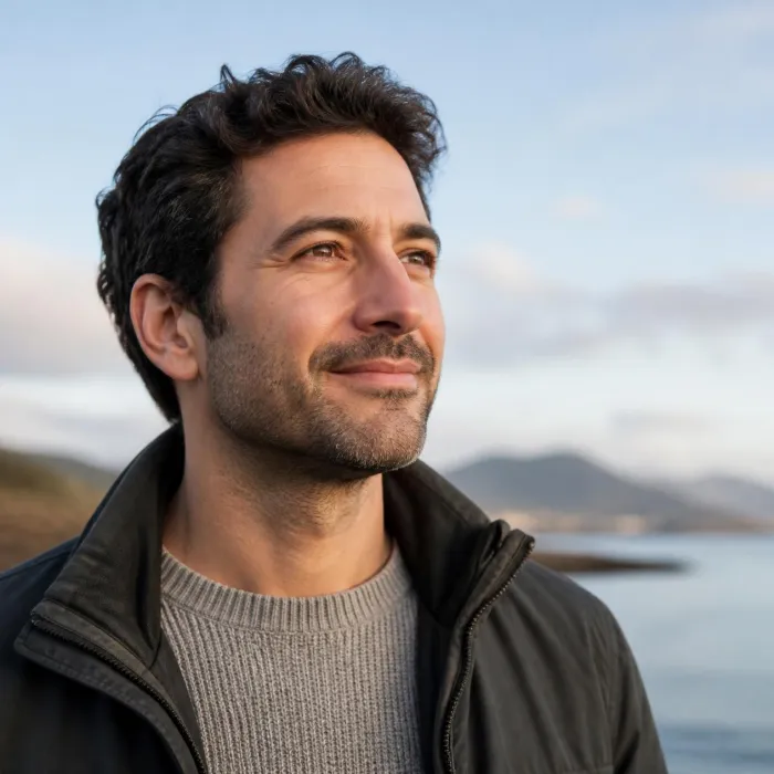 Hopeful man outdoors looking ahead to a fresh start