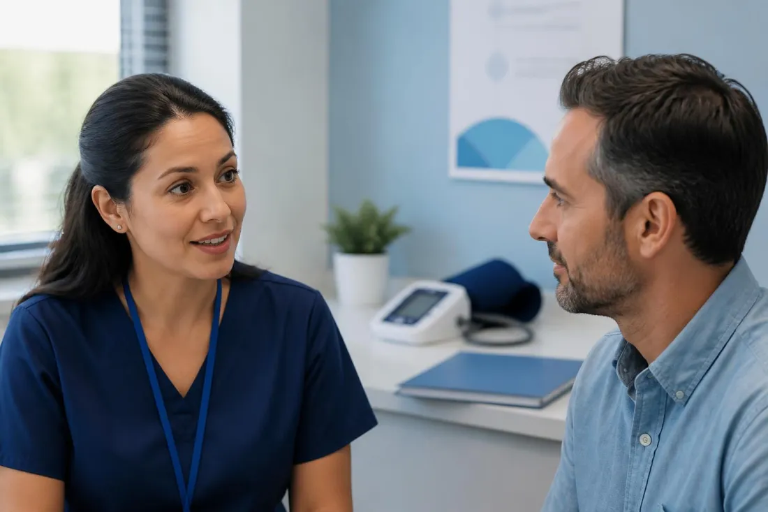 Clinical research coordinator explaining study details to a participant in substance abuse clinical trials